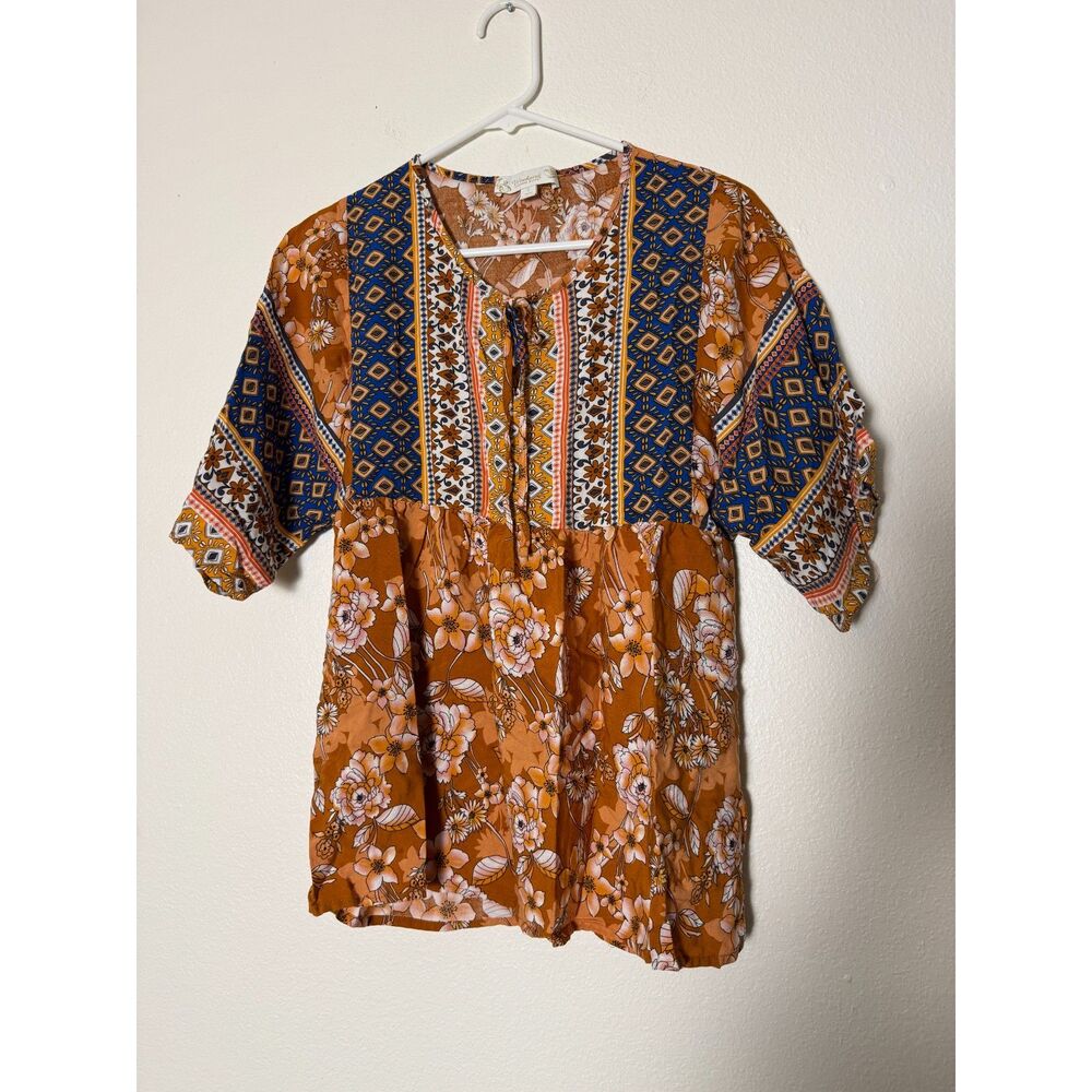 Weekend Suzanne Betro Women's S Rust Floral Geometric Babydoll Boho Top